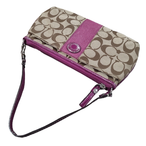 COACH Signature Stripe Large Wristlet Wallet Khaki Berry F47706 - Picture 5 of 16